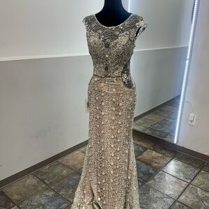May Queen Silver Lace Prom Dress